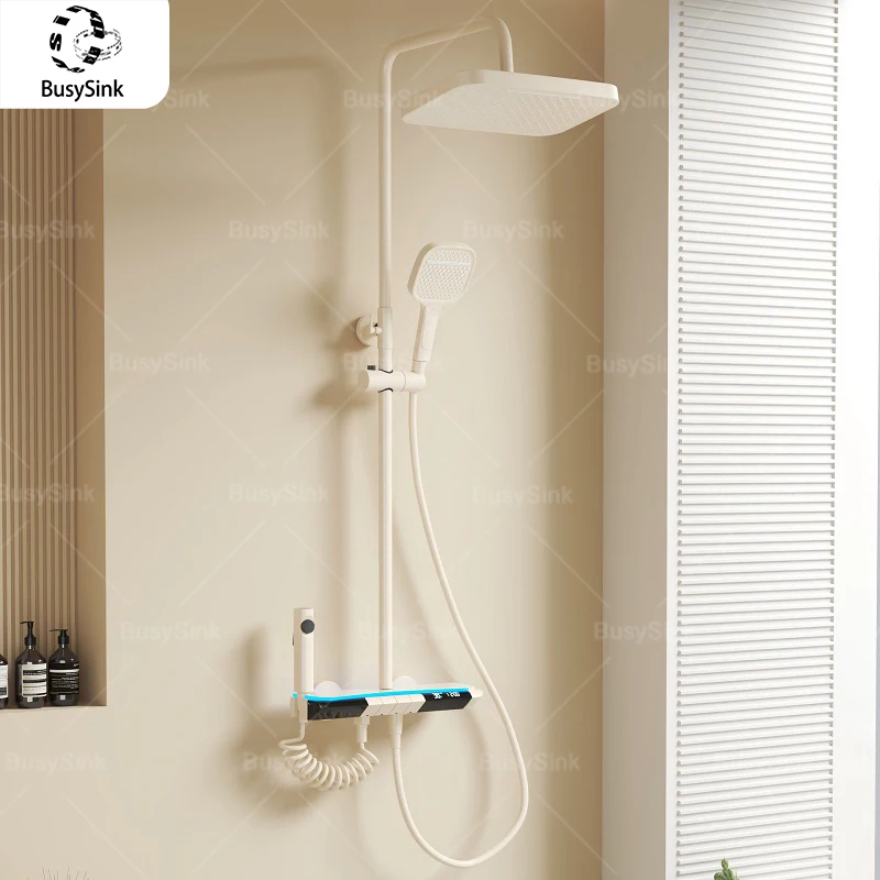 

Молочно-белый душевой набор, многофункциональные клавиши для фортепиано с постоянной температурой, душевой набор с цифровым дисплеем под давлением для ванной комнаты