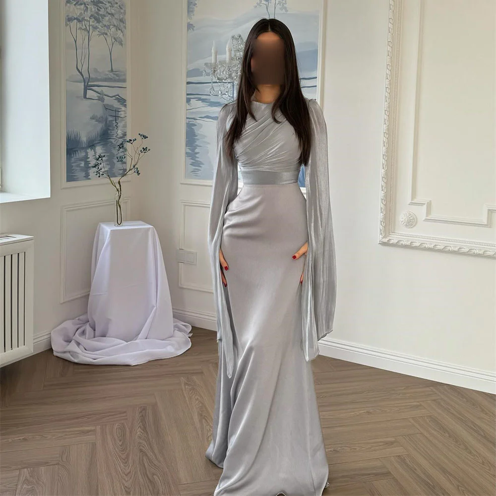 ROYET O Neck Pleat Simple Classic Full Sleeve Mermaid Long Woman Of Evening Dress Floor Length Sweep Train Elegant Prom Gown