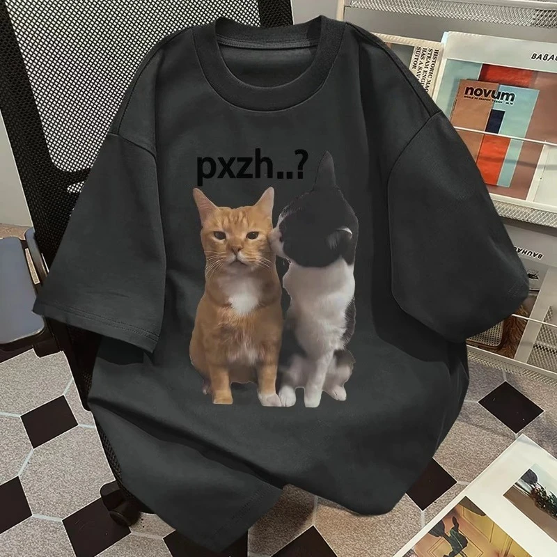 

Новая летняя мужская и женская футболка с двумя котятами, весенне-осенний индивидуальный тренд для пар, свободный повседневный топ с короткими рукавами