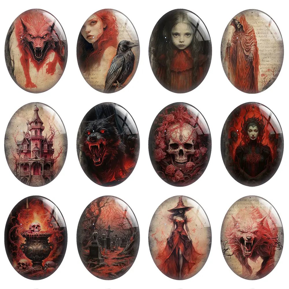 10pcs/lot Halloween Horror Gothic Death Dark Witch Skull Raven Oval Photo Glass Cabochon Flatback Demo Cameo Diy Jewelry Making