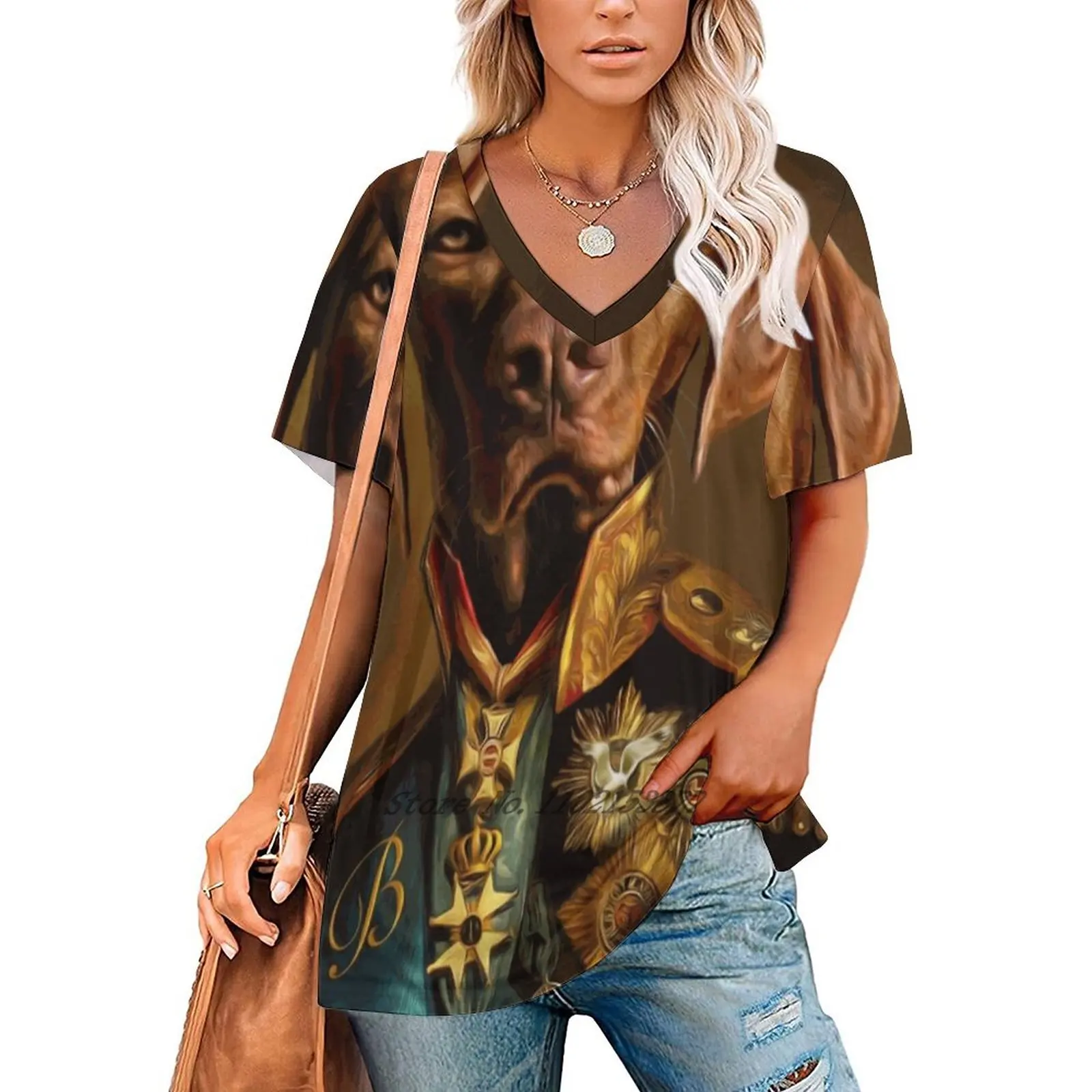 Bertie The Hungarian Vizsla - Dog Portrait Woman Tshirts Printed Tops Zipper V-Neck Top Fashion Graphic T Shirt Anthro