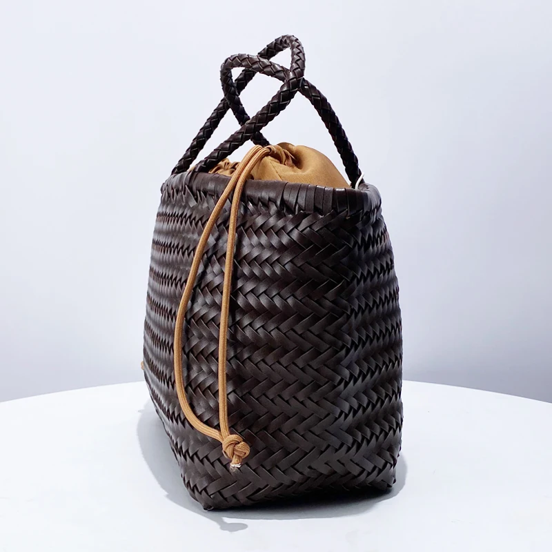 Handmade Weave PU Drawstring Tote Bags For Women Luxury Designer Handbags Purse 2024 New In Vintage With Inner Pocket Shoulder