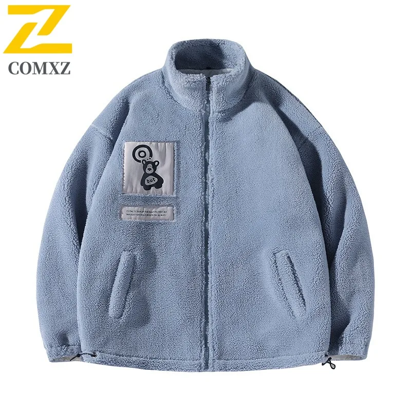 COMXZ 2025 Autumn Winter Men's Sherpa Lined Color Block Stand Collar Parka Coat Korean Style Streetwear Loose Fit Plus Size