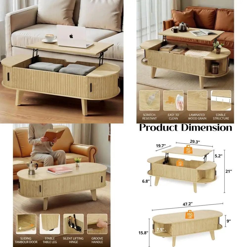 Mesa de centro moderna de madera estriada con almacenamiento superior elevable, muebles de sala de estar de 47,2 pulgadas, 180 °   Parte superior deslizante para versatilidad
