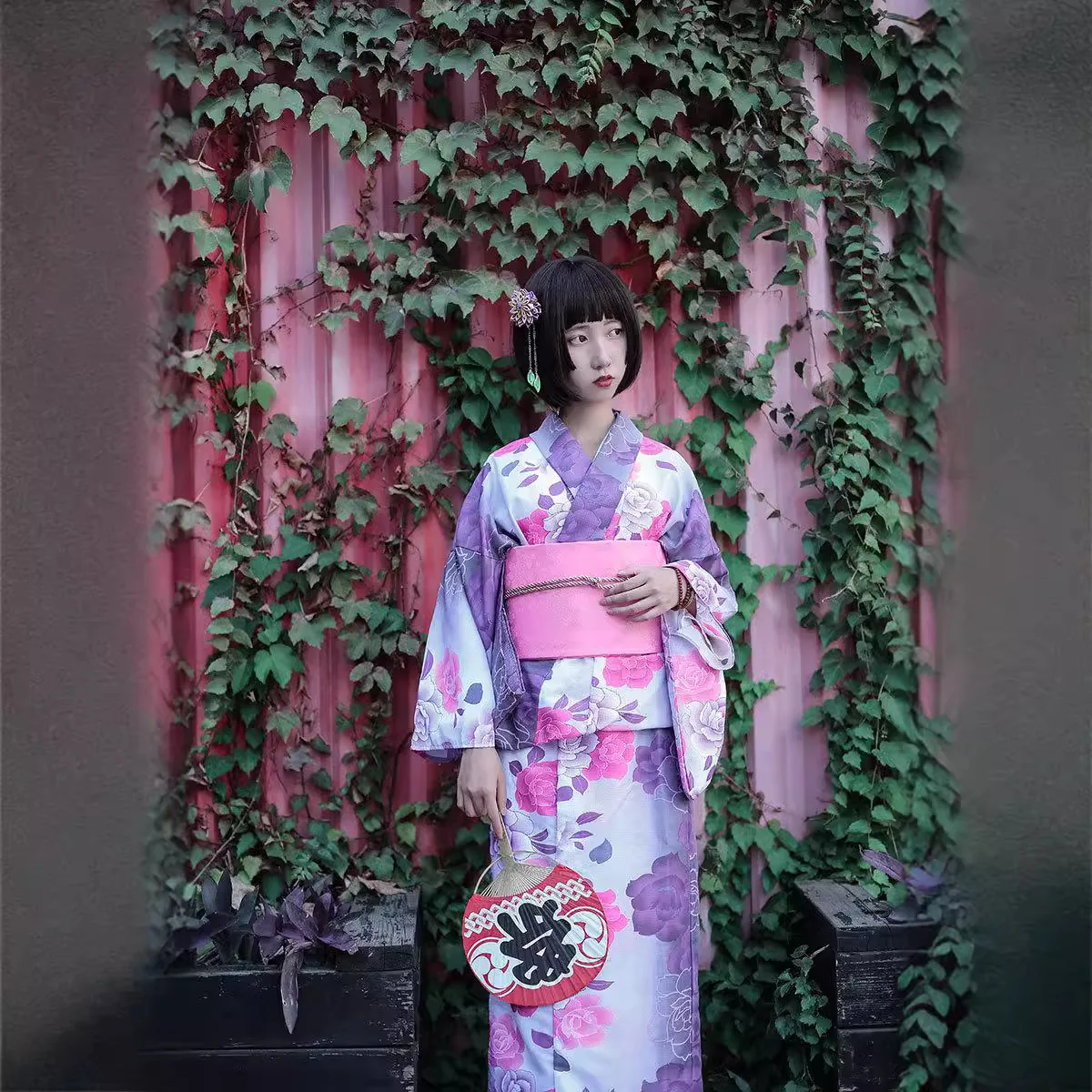 

Kimono Formal Women Japanese Purple Gradient Flower yukata 140cm Length Polyester Material