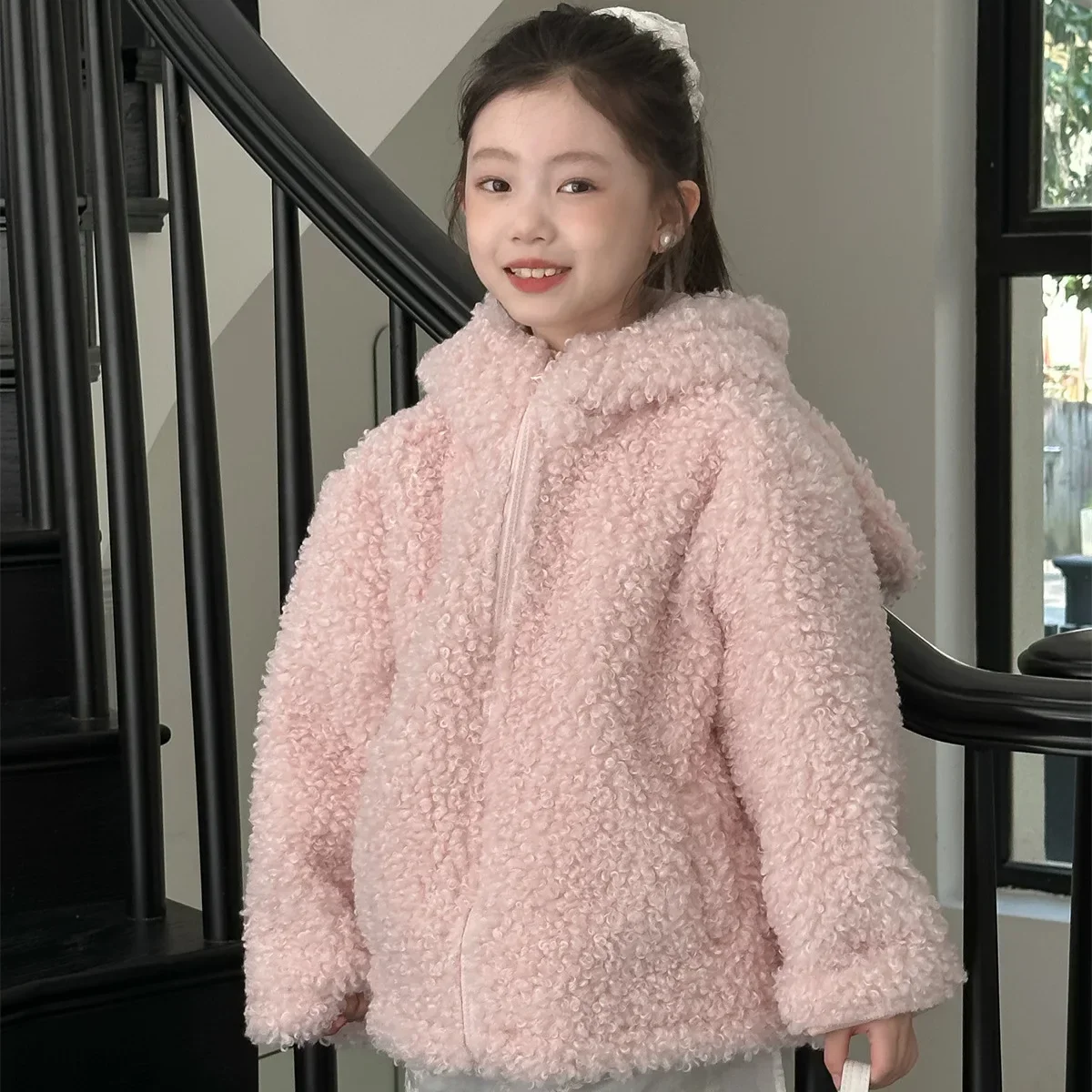 Children's Rabbit Ear Top Cute Girls' Thick CoatGirls' Wool Sweater Winter 2024 New Item Medium and Large