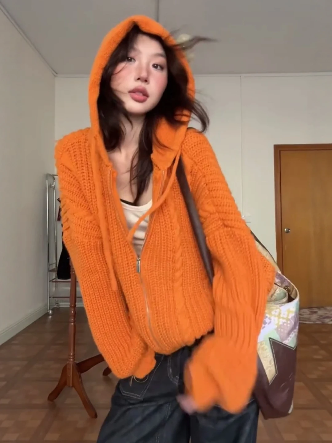 여성용 오버사이즈 니트 지퍼 후드 스웨터 코트 따뜻한 가을 겨울 캐주얼 탑 면 안감 단색 봄