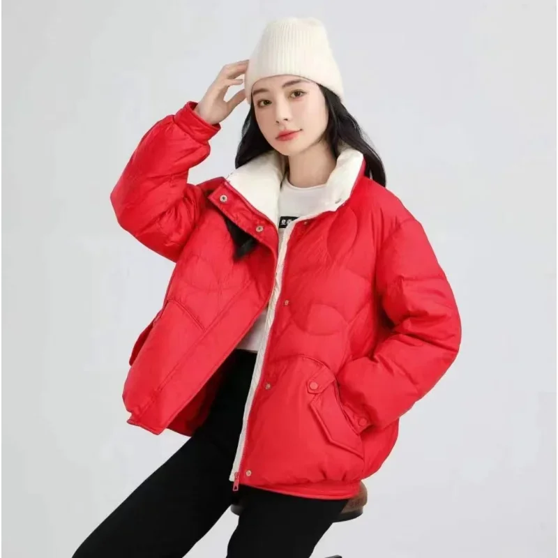 Women's Color Collision Stand-up Collar Loose Short Down Coats, White Duck Down, Thick Warm Coat, Winter