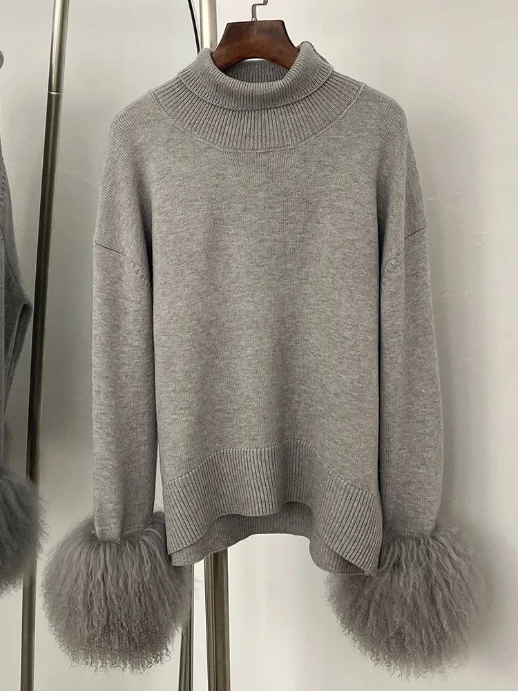 ZMEENNA ผู้หญิง Elegant คอสูงถักเสื้อกันหนาวหรูหรา Faux FUR Cuffs COZY แขนยาว Chic ฤดูหนาวความอบอุ่น ZM3417