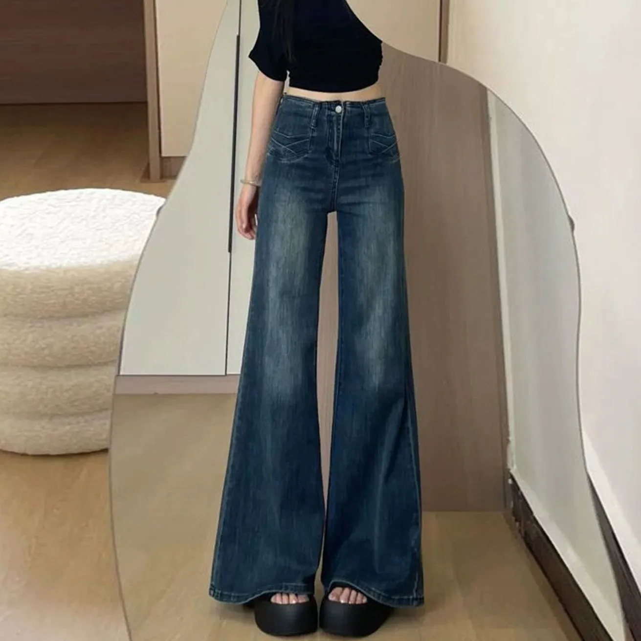 

High Waist Flared Jeans Women's Summer New Style Casual Versatile Loose Fit Slimming Bell Bottoms Classic Blue Cotton Stretch...