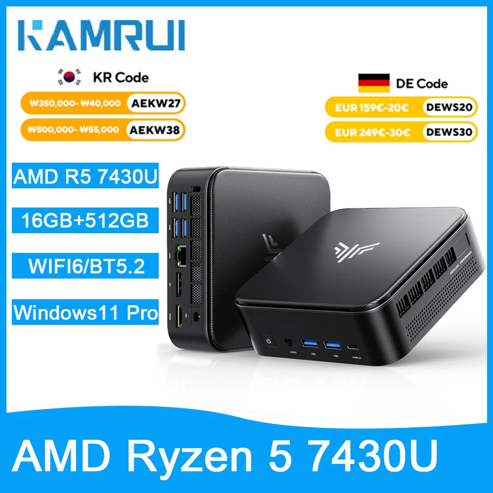 KAMRUI Mini PC AMD Ryzen 5 7430U hasta 4,3 GHz 16GB DDR4 512 M.2 SSD Wifi6 BT5.2 Win11 PRO AMD Radeon Graphics 4K Triple Display