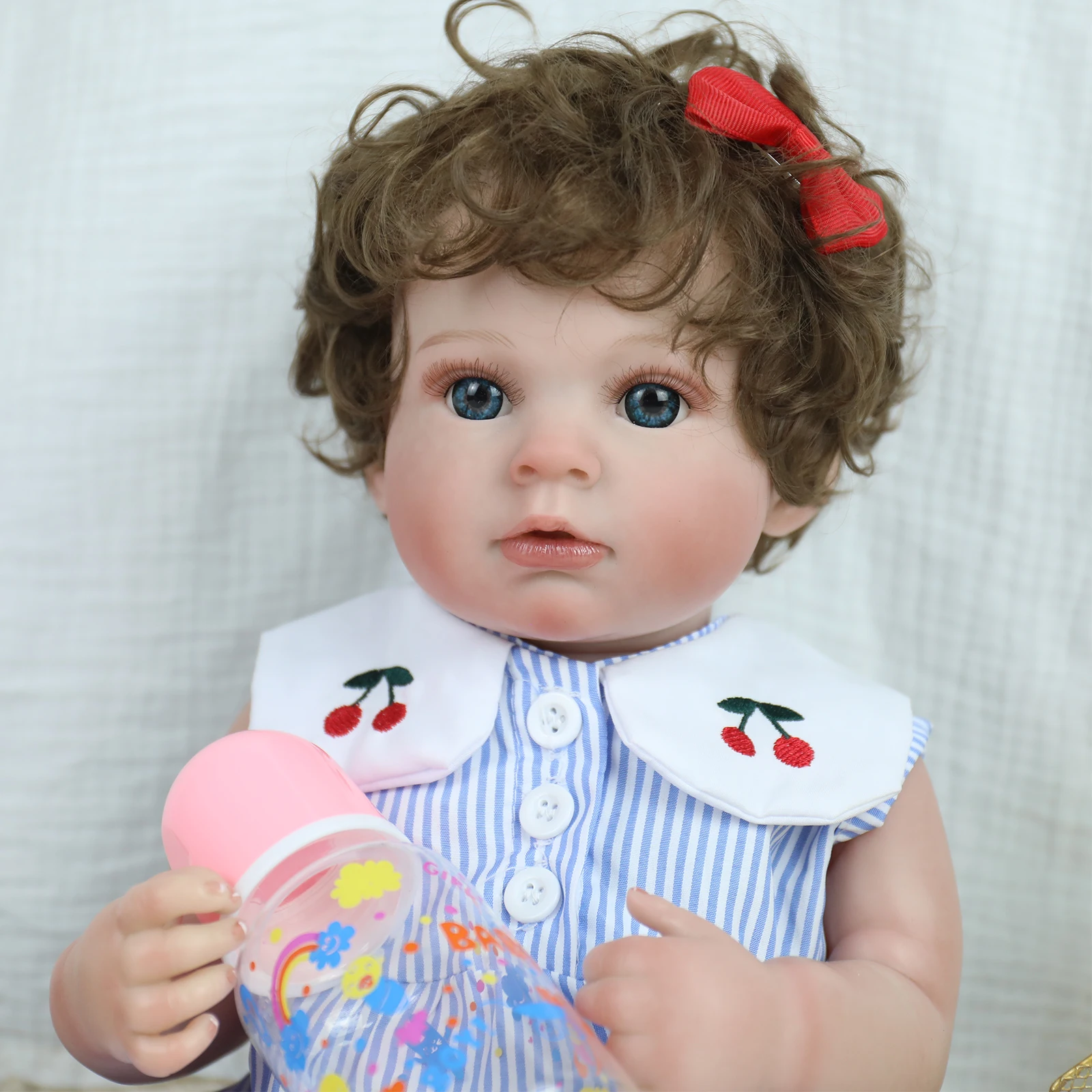 50CM Brown Curly hair Reborn Baby Girl Soft Vinyl Newborn Hand-Detailed Painted Skin Hand Painted Hair Cuddly Baby Girl Doll Toy
