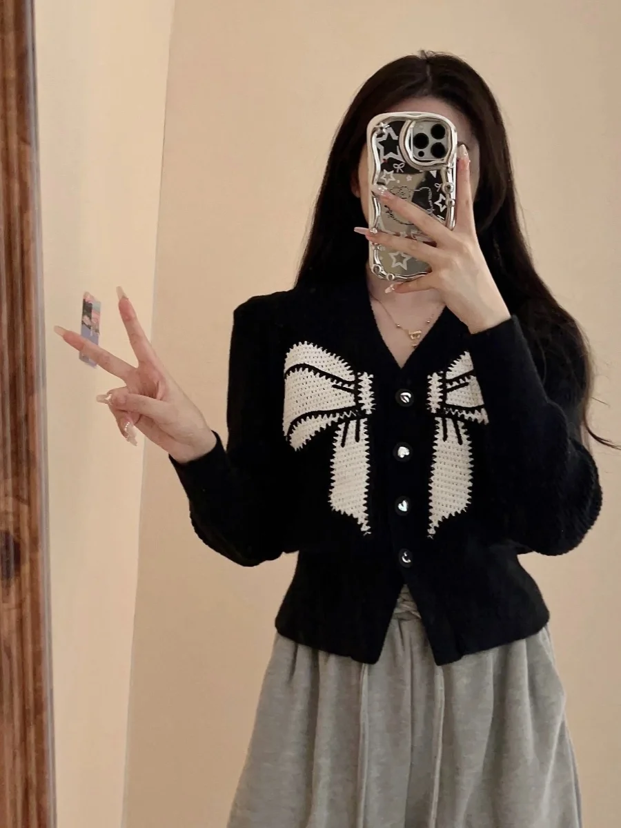 

Женский вязаный кардиган больших размеров с V-образным вырезом, черный, приталенный, в корейском стиле, свободного кроя, с длинными рукавами