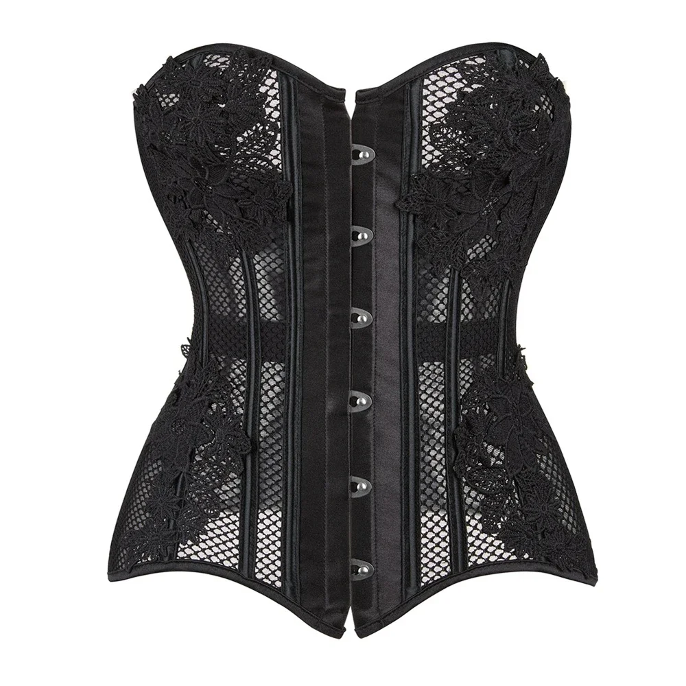 Women\'s Corsets and Bustiers Tops Plus Size Mesh Black Breathable Hollow Out Lingerie Corselet Overbust Lace Up Clubwear