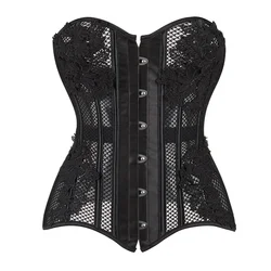 Women's Corsets and Bustiers Tops Plus Size Mesh Black Breathable Hollow Out Lingerie Corselet Overbust Lace Up Clubwear