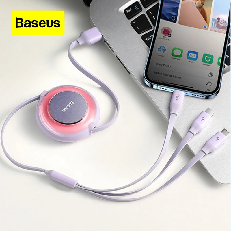 Baseus Android Type-C Three In One Data Cable Multifunctional Telescopic 3.5A Fast Charging for Phone IPad 66W Car Charger Wire