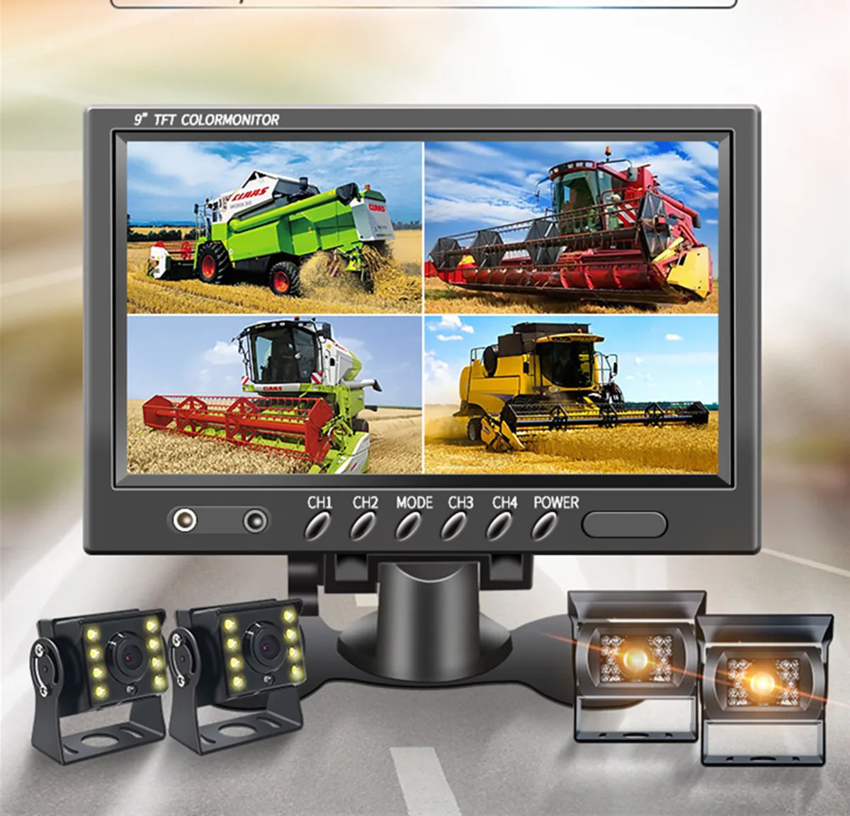 9นิ้ว4CH 4 Splitter TFT Monitor AV Video สำหรับรถยนต์/รถบัสกระจกมองหลังกล้องกล้องวงจรปิดย้อนกลับหน้าจอ