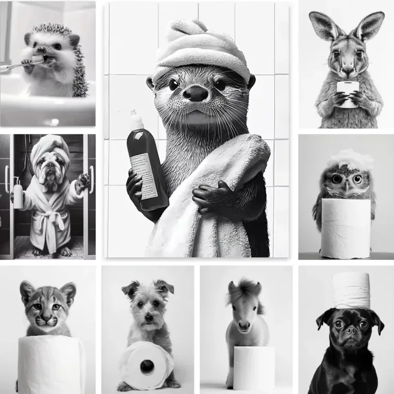 

Black and White Animal Toilet Paper Diamond Bathroom Poster Otter Gift Room Wall Decor Home Black and White Modern Print