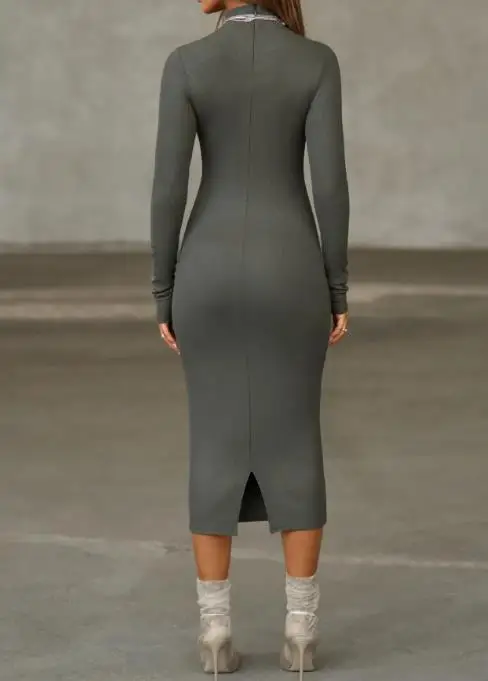 

2025 Y2K Hot Girl Long Sleeve Hip Wrapping Skirt Autumn Solid Color High Collar Tight Hip Wrapping Sexy Women Long Sleeve Dress