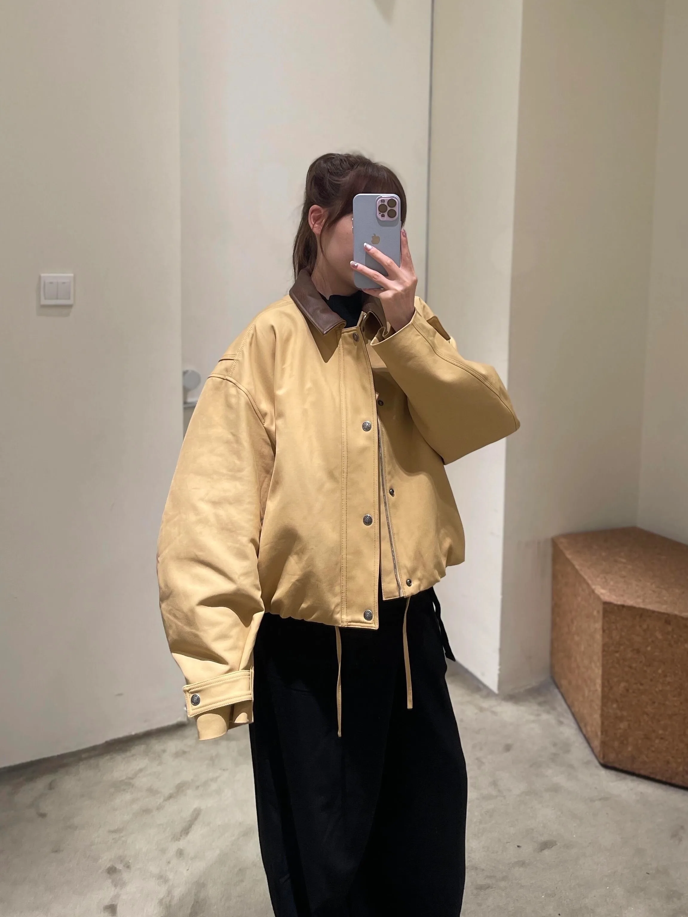 

EXJR Autumn Winter Vintage Barn Style Short Jacket Women's Workwear Shoulder Drop Shoulder Leather Collar Drawstring Coat