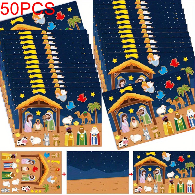 

50Pcs Christmas Stickers for Kids Cartoon Scene DIY Puzzle Toys Nativity Scene Stickers for Party Game Classroom Decorations