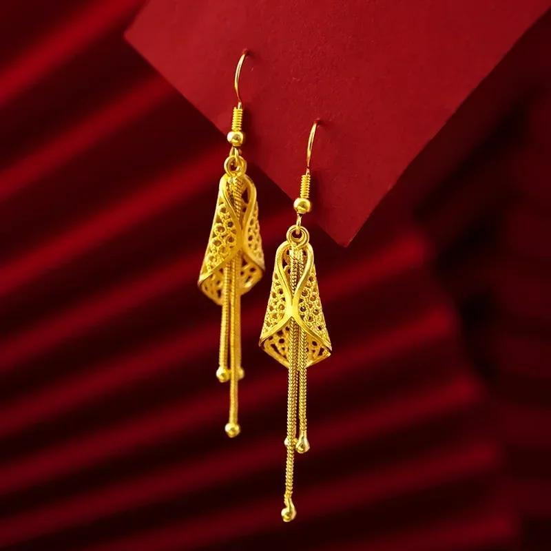 

9999 Real Gold 24K Women's Summer Cicada Crying Earrings Ethnic Style Hollow Leaves Gold Ear Hook Earrings