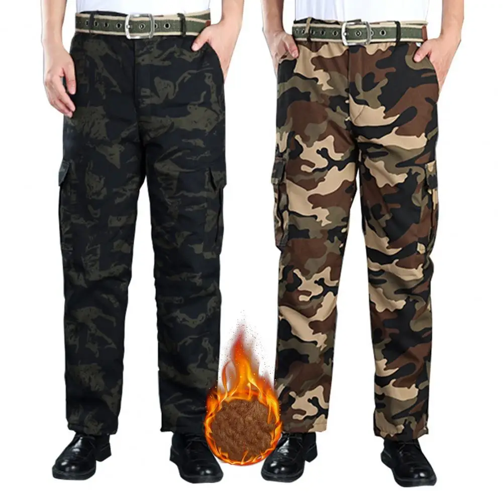 

Men Casual Trousers Camouflage Print Men's Drawstring Pants with Large Pockets Elastic Waist Soft Plush Warmth Outdoor Workwear