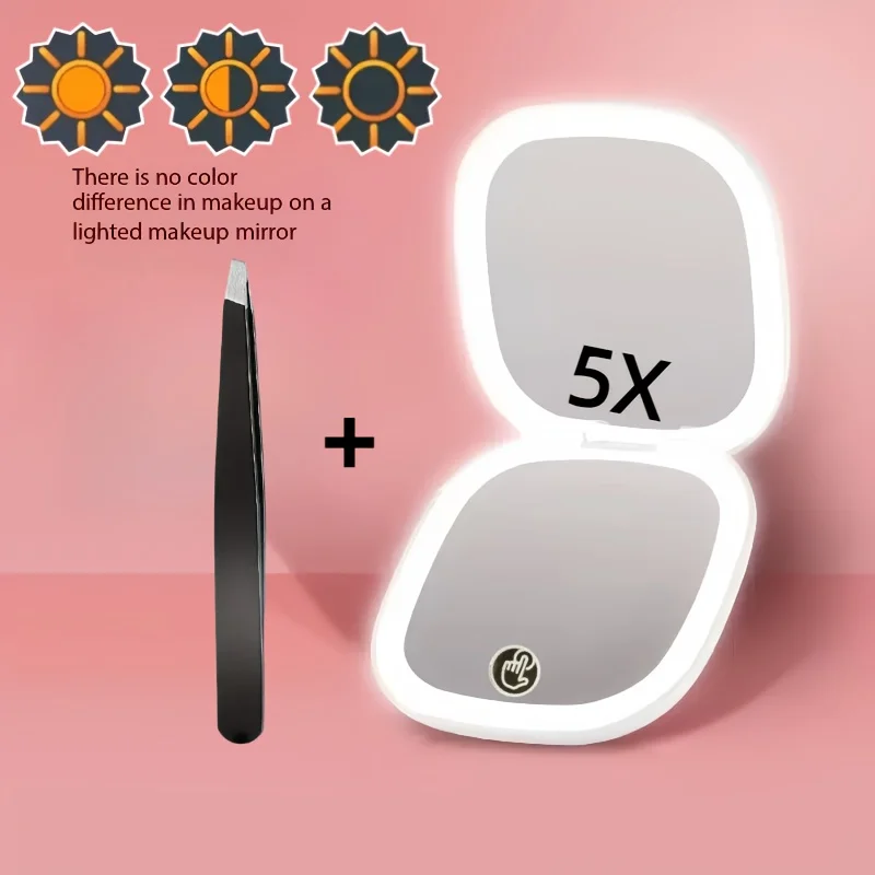5X Double-Sided Magnifying Makeup Mirror with Lights, Handheld Mirror, Light Luxury and Convenient, Double-Sided with Led Lights and Tweezers, High-Definition Beauty Mirror, Rechargeable Smart Mirror with Three-Color Adjustable Light, Essential for Travel, Suitable for Makeup and Touch-Ups
