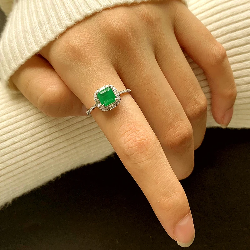 Fashionable Authentic S925 Silver Synthetic Emerald Wedding Ring Ring for Women Square Geometric Green Engagement Gift Jewelry