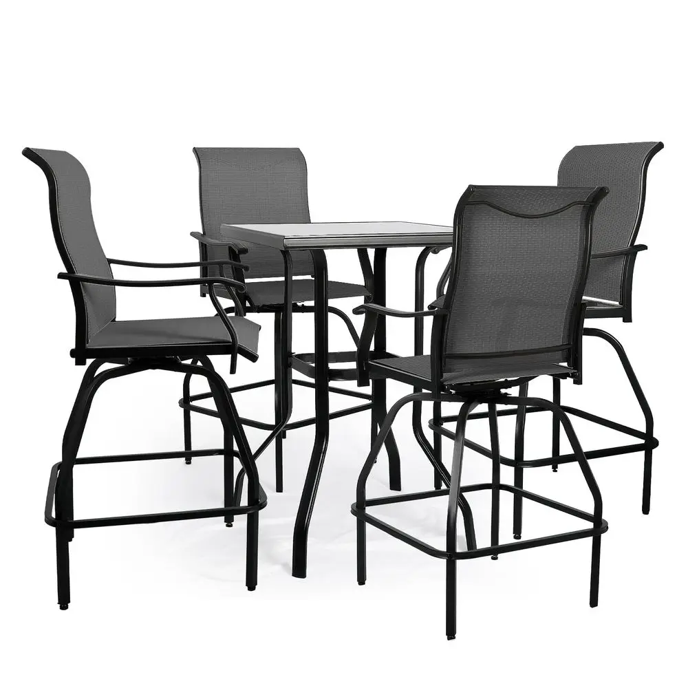 

Patio Bar Set 5pcs Swivel Bar Stools Outdoor Bistro Textilene Furniture Stability AllWeather Set with Height Table 5, Grey Fabr