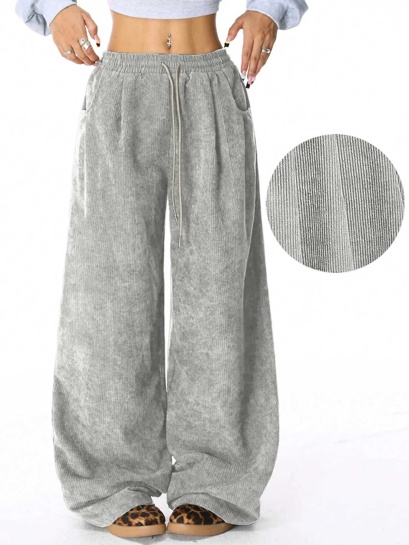 Damen Retro Cord Cargo-Hose Lässige Kordelzug Gerade Sporthose Fließende Alltags-Pendlerhose mit Weitem Bein – Detail 7