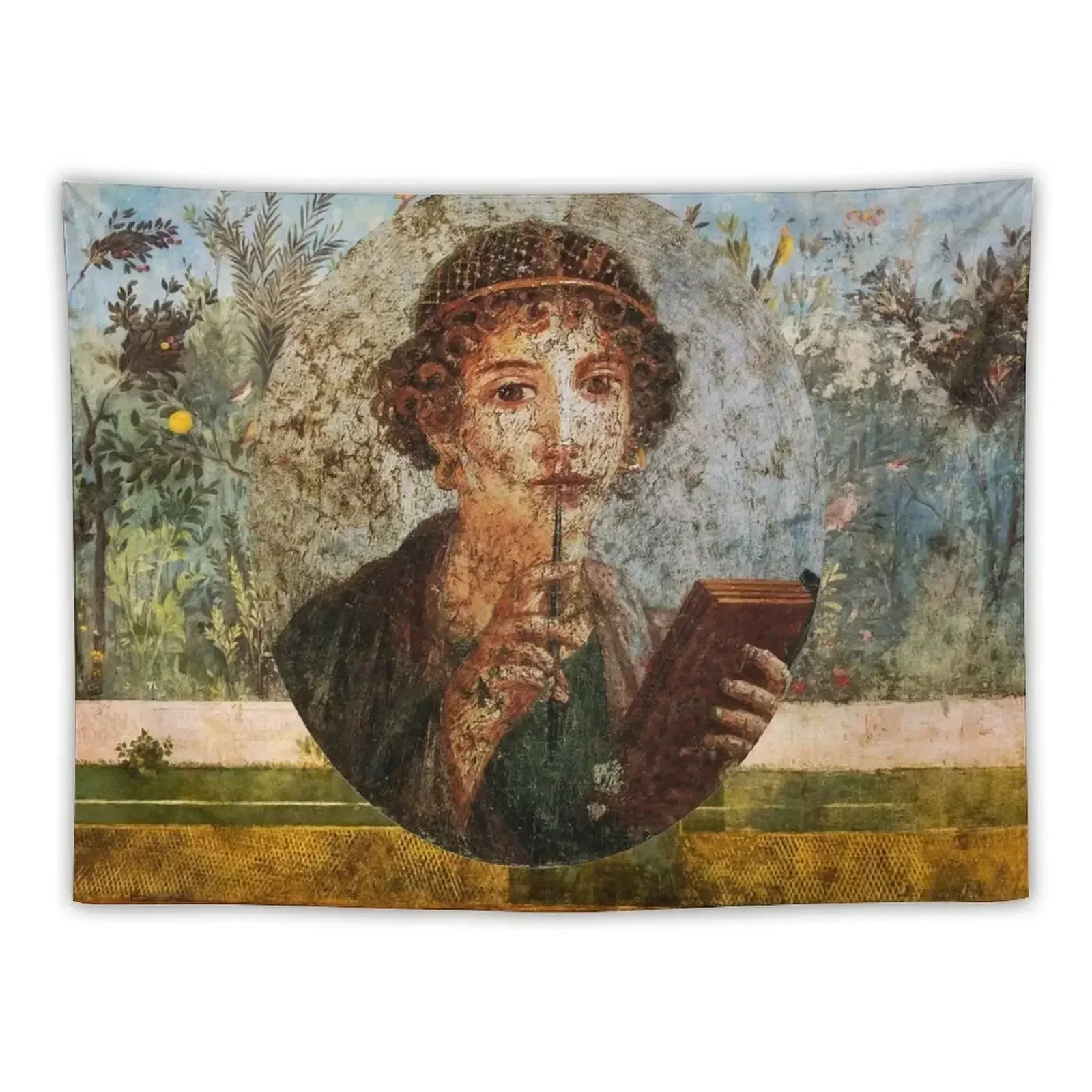 ANTIQUE ROMAN WALL PAINTING POMPEII SAPPHO Flower Garden Flying Birds ,Quince ,Apple Trees Tapestry