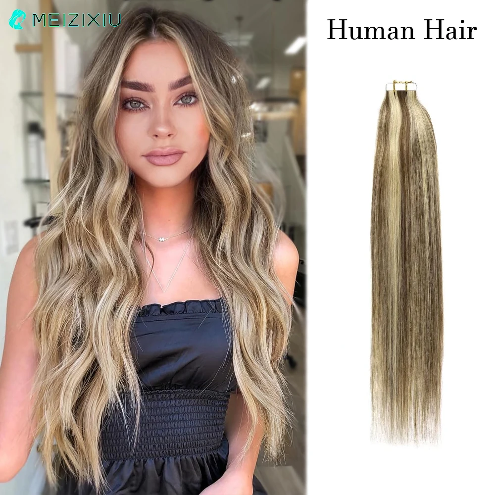 

Tape In Human Hair Extensions Real Hair Tape In Human Hair Extensions for Women Add Hair 22Inch Brown 27# 24inch 50g 20pcs/Pack