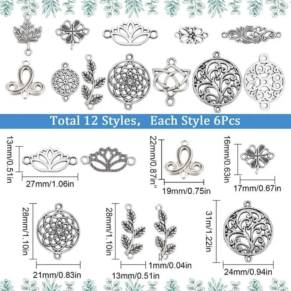 1 Box 72Pcs 12 Styles Flower Connector Charms Flat Round Link Connectors Autumn Tibetan Style Charms Leaf Connectors for Jewelry