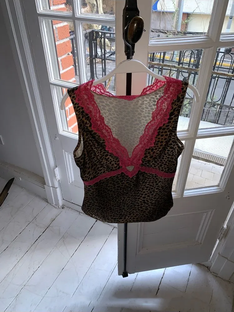 Women's Sexy Patchwork Lace V Neck Leopard Tank Top Lady Sexy Summer Sleeveless Slim Camisole Top