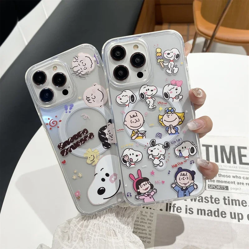 Cute Cartoon Snoopy Charlie Brown Magnetic Holder Magsafe Wireless Charge Phone Case For iPhone 15 14 13 12 Pro Max Hard Cover