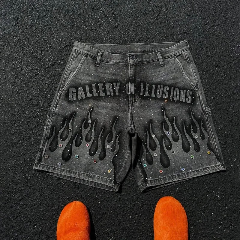 

Y2K retro casual jeans flame pattern rhinestone decoration high waist denim shorts fashion men's hip-hop street clothing