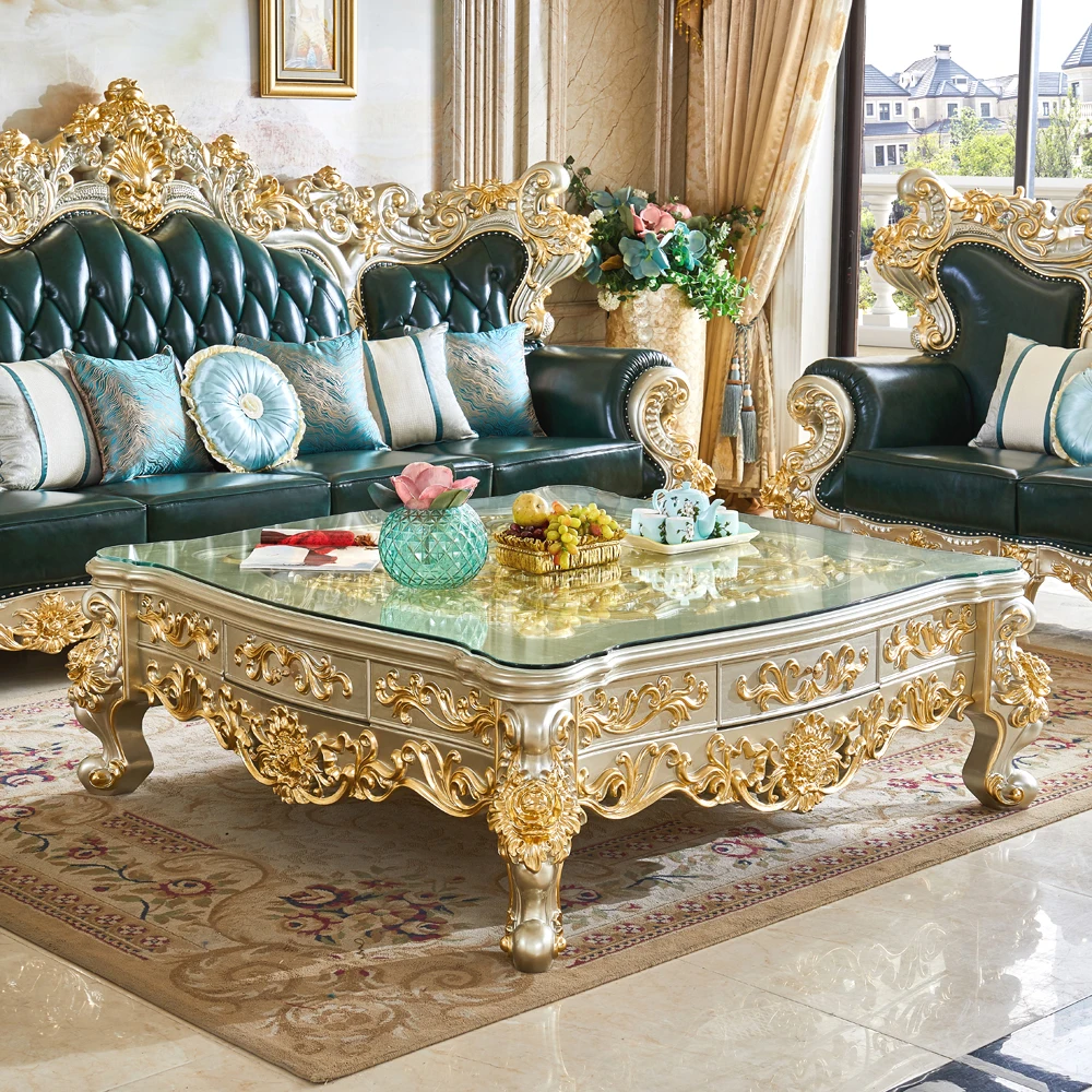 

European style generous table, villa living room full solid wood carving flower belt glass coffee table champagne gold 1.5 meter