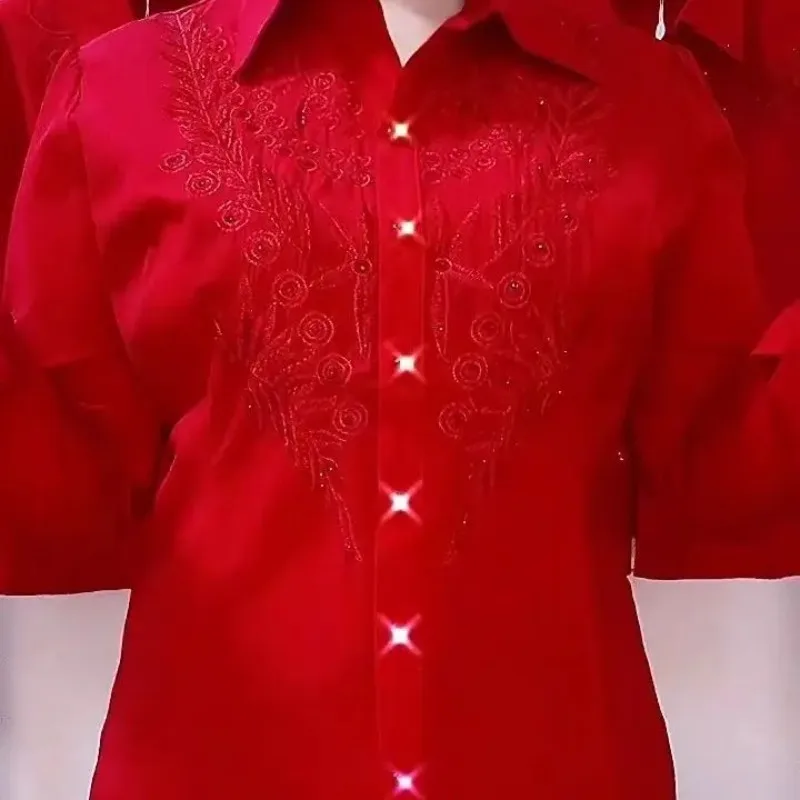 

Shiny Sequins Long Sleeve White Shirt New High End Chic High Design Embroidery Hot Diamond Blouses Women Tops Red Blue