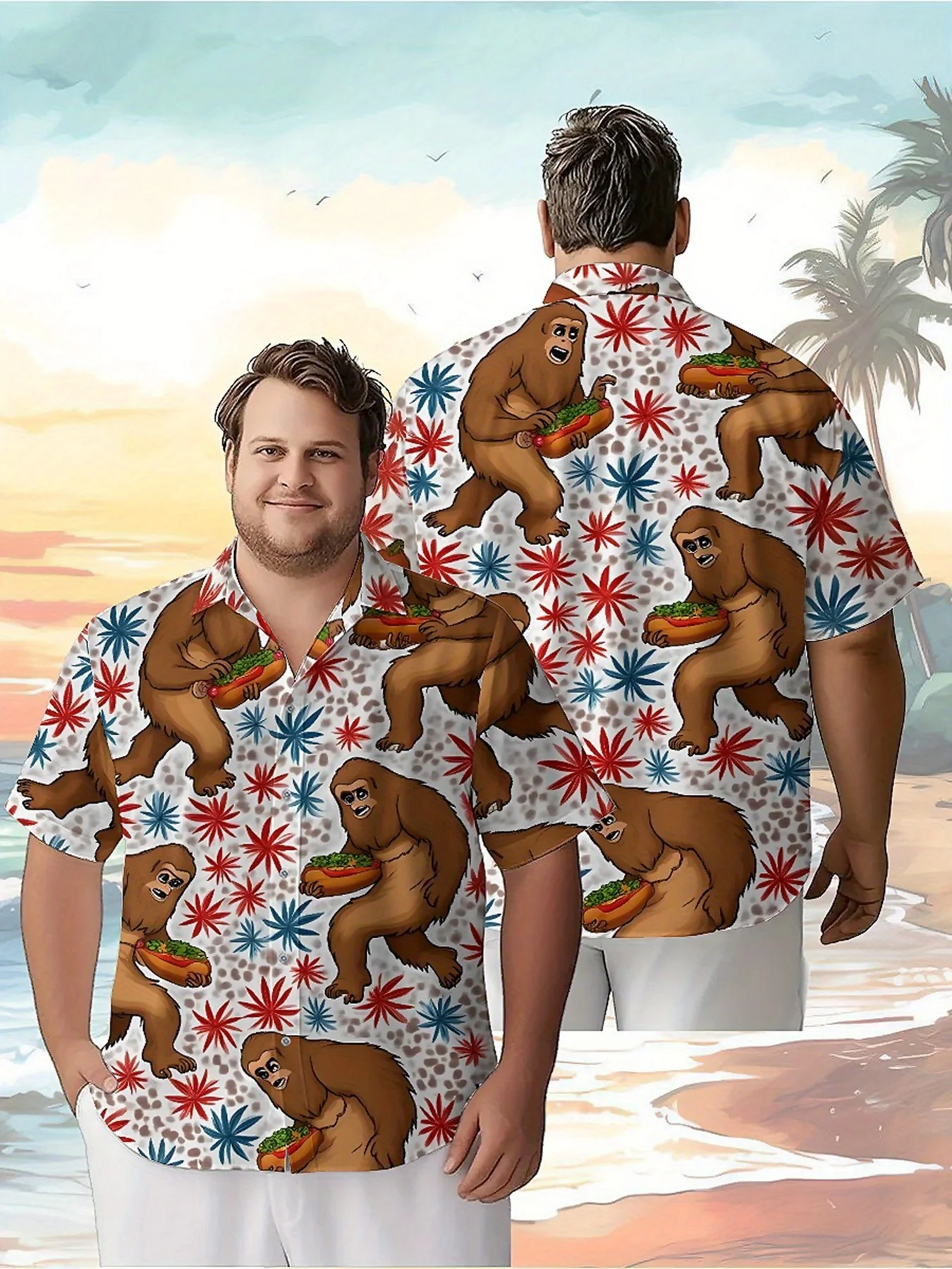 

Men's Plus Size Hawaiian Shirts Sasquatch Hot Dog Party pattern, Fashionable Aloha Shirt, Summer Casual Top,3D Unisex Clothes