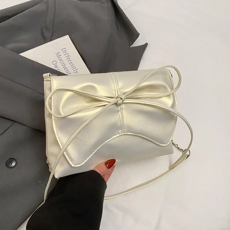 

Sweet Bow Pleated Design Women's Shoulder Bags Solid Color Female PU Leather Handbags Fashion Ladies Small Square Crossbody Bag