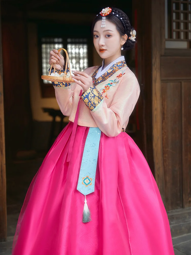 

Традиционное корейское свадебное платье, женский сценический костюм, платье для ведущей, розовое вечернее платье в старинном китайском стиле из полиэстера