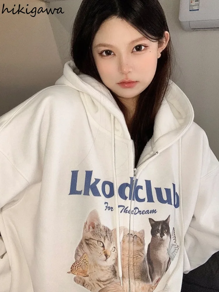 Harajuku Hoodie Women Clothing Cat Print Long Sleeve Zipper Jackets 2023 Ropa Mujer Thicked Fashion Casual Hooned Y2k Sweatshirt