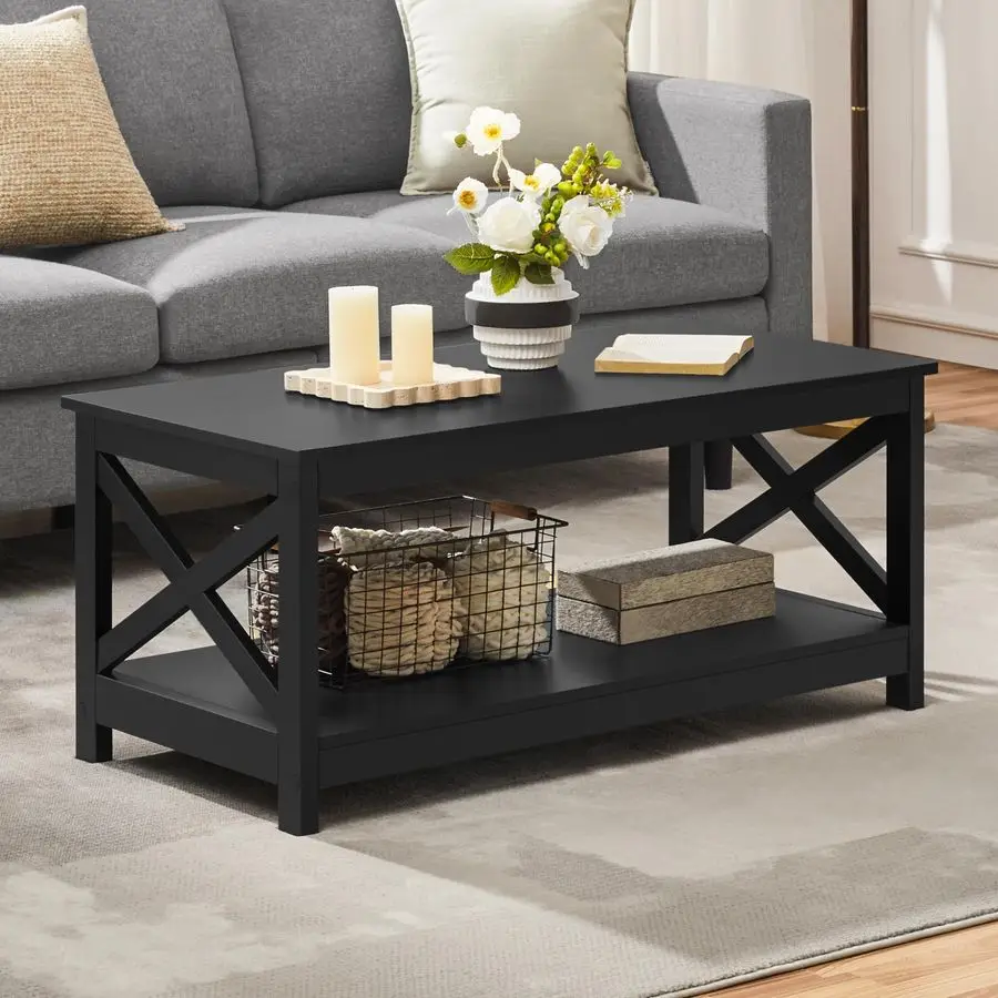 Wood 2Tier Black Coffee Table with Storage Shelf for Living Room, X Design Accent Cocktail Table, Easy Assembly Hom Customizable