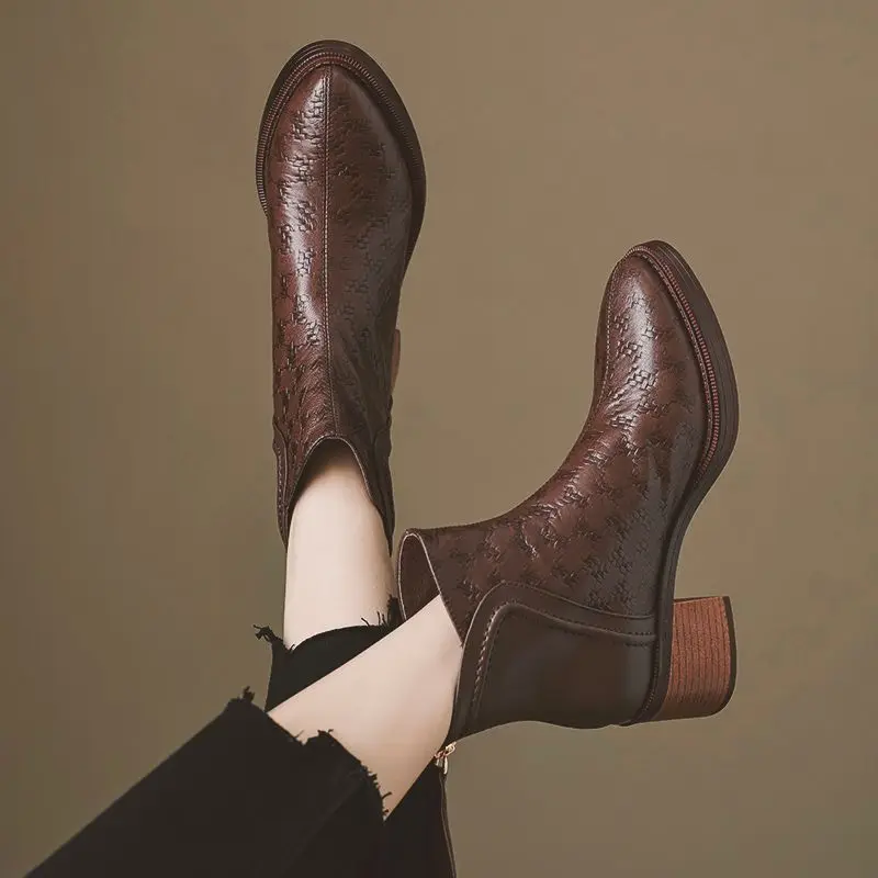 الجلود الصوف مبطن المرأة حذاء من الجلد أنيقة فاخرة Y2k كعب الإناث أحذية قصيرة جديد في الخريف الشتاء أشار تو الجوارب #2