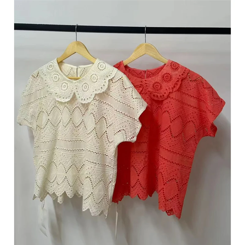 

French Style Embroidered Lace Hollow out Short Sleeve Doll Collar Top Women's Shirt Sweet Youthful Design Summer New Arrival