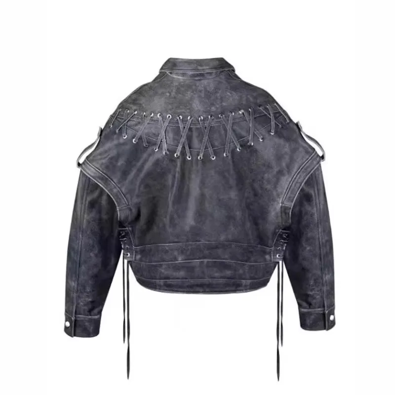 سترة ربيع الخريف الرجعية الدانتيل متابعة بو الجلود سترة فريدة من نوعها التلبيب التعادل بأكمام طويلة سترة دراجة نارية الشارع المألوف والفردية