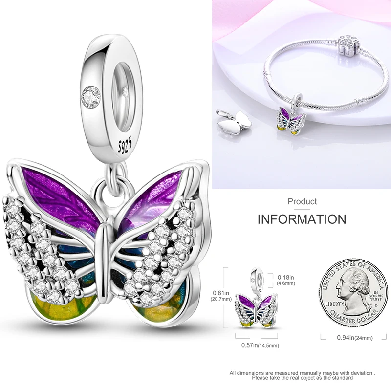 Schmetterlingsanhänger 925 Sterling Silber Rosa Blau Regenbogen Perlenanhänger Passend für Europäische Armbänder DIY Schmuck Geschenk für Frauen und Mädchen 2026 – Detail 34