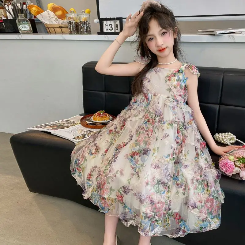 Girls Summer Dress 2024 New Fashionable Floral Lace Pleated Princess Dress for Older Childrens Birthday Party Dress