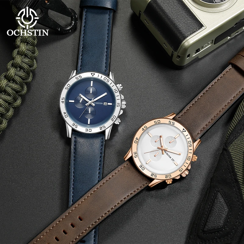 OCHSTIN Men‘s Genuine Leather Strap Watch Multifunctional Quartz Movement Watches Man Fashion Chronograph Luminous Hands Clock
